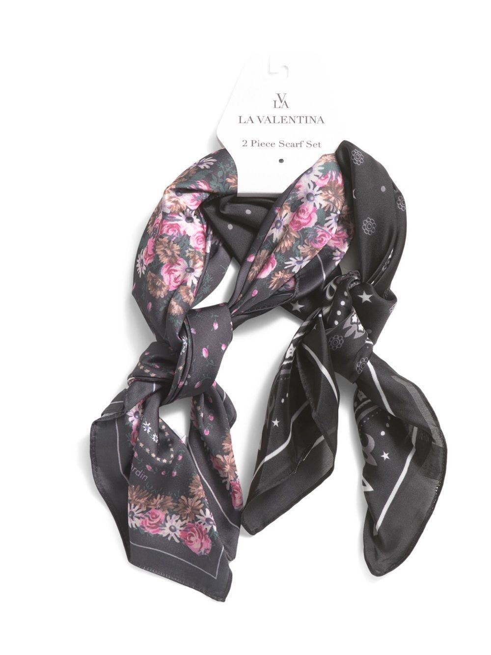 LA VALENTINA Black White Pink Neck Head Bandana Scarf Set x 2